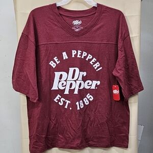 NWT Dr Pepper "Be A Pepper" Graphic T-Shirt XL Maroon V-Neck Cotton Soda Tee
